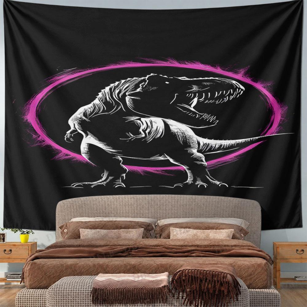 T-Rex with Neon Pink Circle Design Pattern Wall Hanging Tapestry Decorative Tapestry Home Decor for Bedroom and Living Room