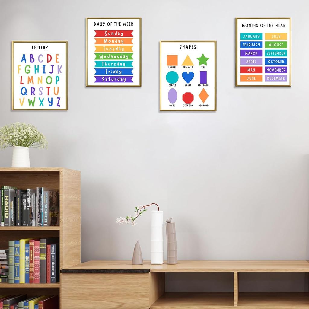 Образовательные плакаты для малышей и детей – 11"×14" Алфавит, Цифры, Цвета, Формы, Дни недели и Месяцы – Обучающие настенные диаграммы