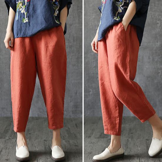 Women Harem Pants Solid Color Loose Fit Slacks with Pockets Elastic High Waist Retro Casual Trousers Streetwear