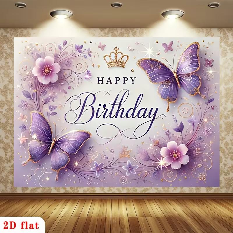 2D Soft Purple & Gold Butterfly Themed Birthday Photo Booth Background Cloth