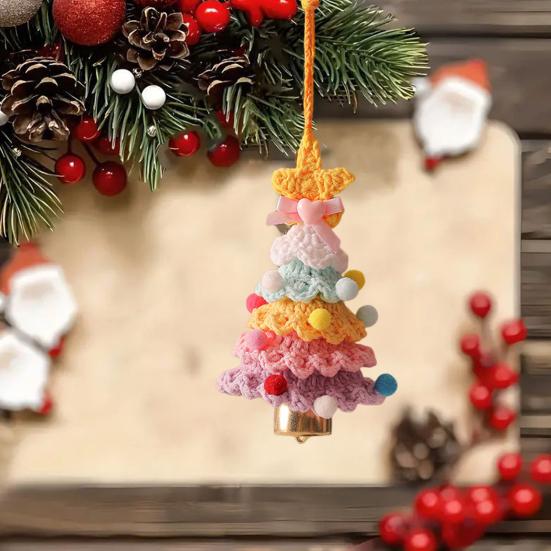 Knitted Christmas Tree Ornaments Mini Crochet Christmas Tree Hanging Pendant with Gold Jingle Bell for Holiday Home Party Decoration
