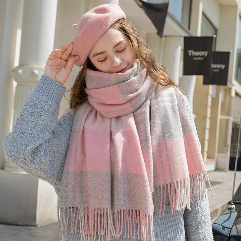 Pink Plaid Wool Scarf Women Warm Thicken Neck Scarf Shawls and Wraps Pashmina Foulard Femme Winter Scarves for Ladies Echarpe