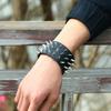 Men's Punk Leather Bracelet with Three-Row Spike Rivets