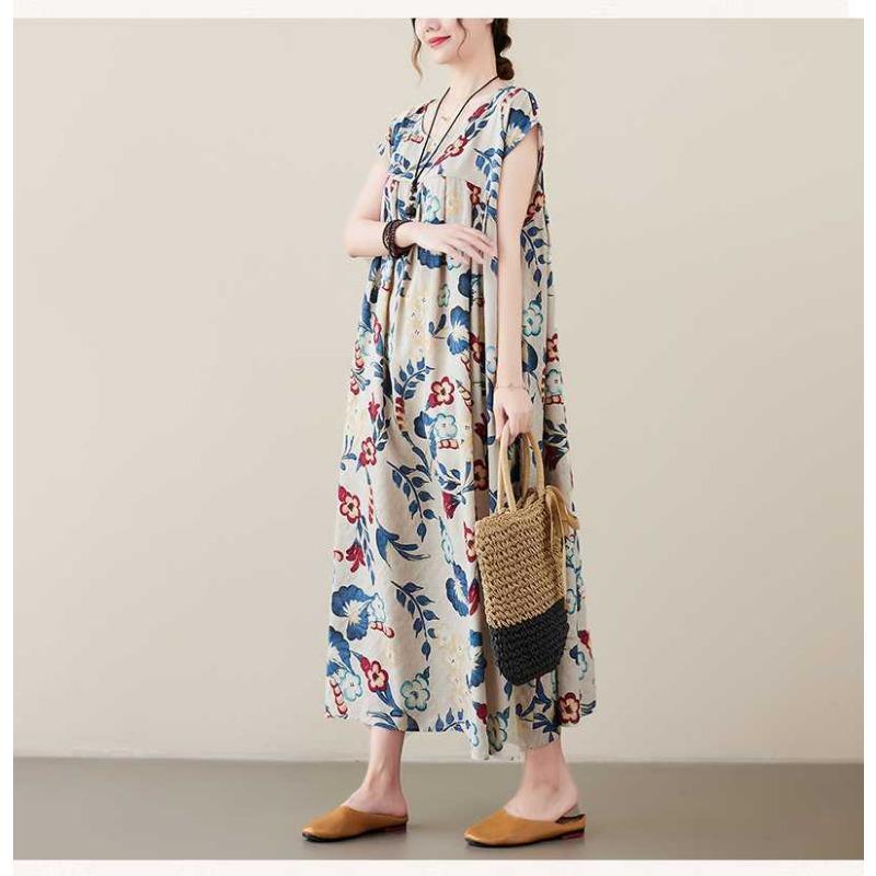 Новое литературное ретро платье большого размера свободное тонкое с короткими рукавами длинное женское