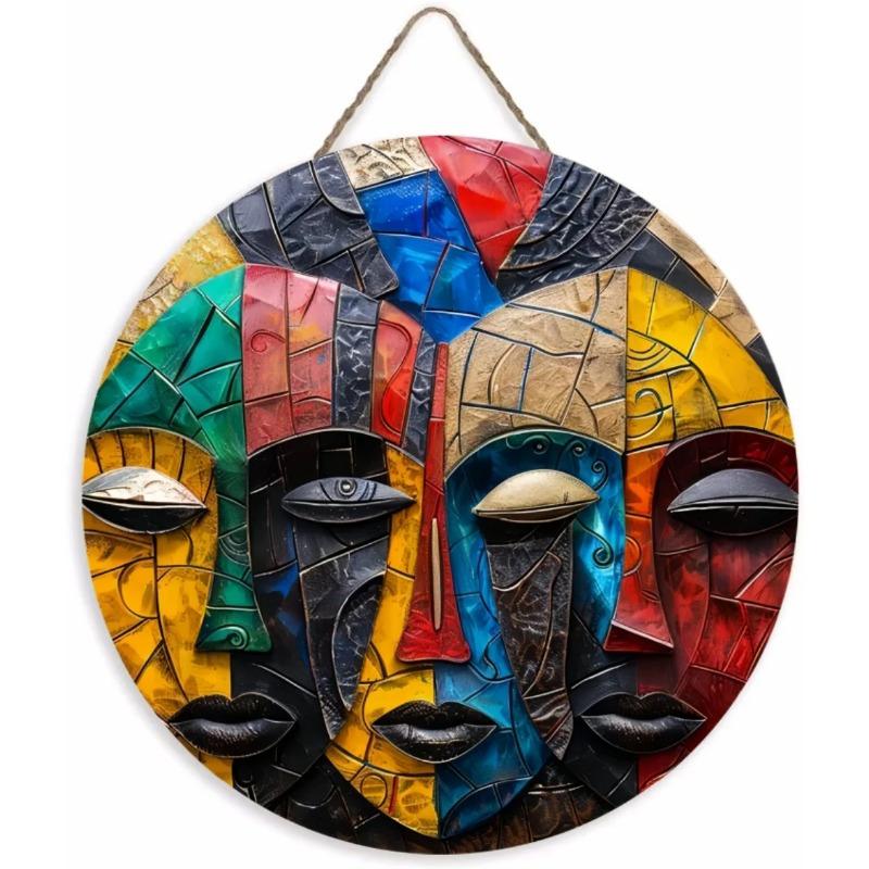 Wood Unique African Mask Circular Wooden Sign with Artistic Design, Suitable for Door, Wall, Home, Room, Farmhouse, Street, Shop, Garage, Bar, Garden