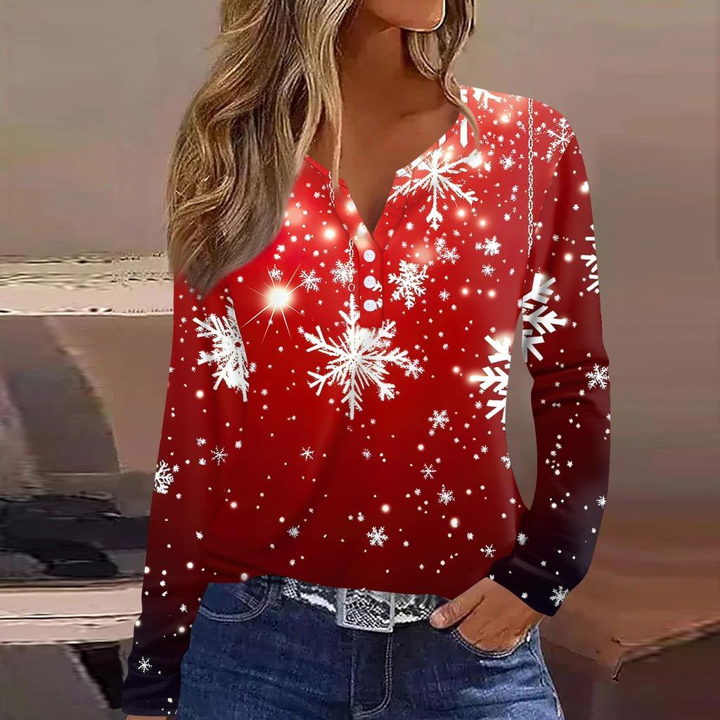 Women's T Shirt Tee Christmas Print Button Long Sleeve Daily Weekend Fashion Basic V- Neck Regular Top