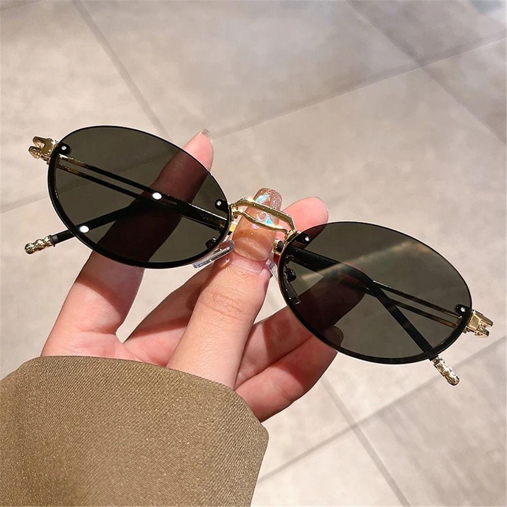 Vintage Metal Punk Sunglasses Rimless Oval Sun Glasses Trendy Frameless Shades Uv400 Protection Gradient Glasses
