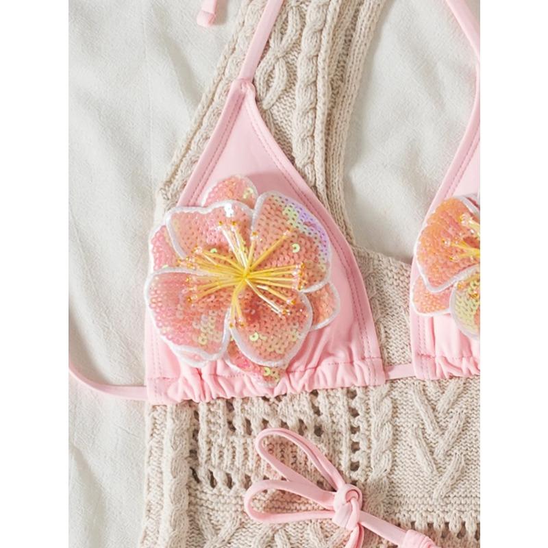 Pink 3D Flower Two Piece Swimsuit Sexy Halter Bandage Push Up Tie Side Thong Bikini 2025 Summer Bathing Suit Vacation Swimwear