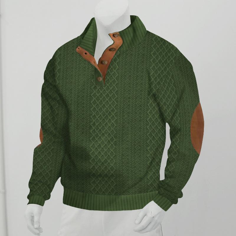 Men's Autumn/Winter Jacquard Knit Pullover Sweatshirt with Standing Collar and Leather Elbow Patches