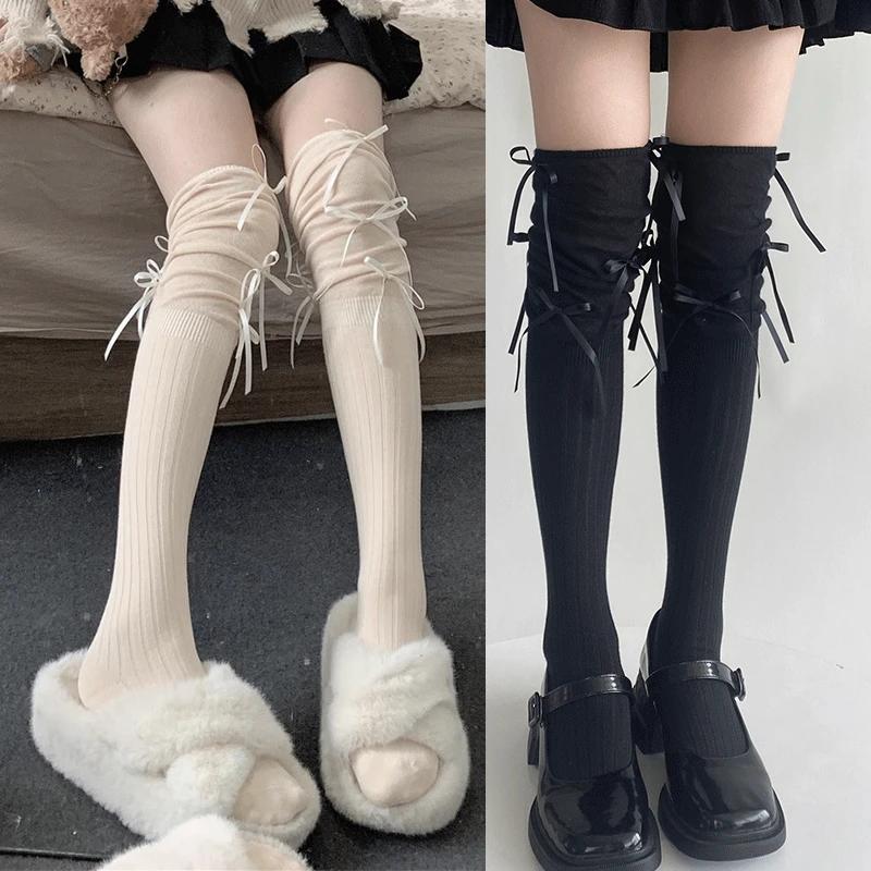 Lolita Long Socks Women Bandage Ribbon Bow Sweet Girls Kawaii Sexy Middle Tube Socks Ballet Style Solid Color Black White Socks