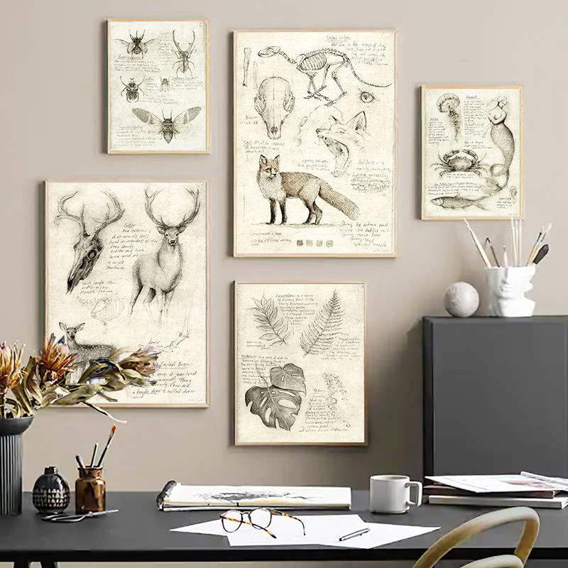 Винтажная лиса, бабочка, олень, насекомое, нота, ретро постер, грибы, холст, картина, настенная живопись, принт, настенные панно для декора гостиной