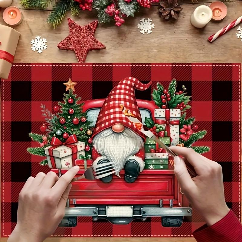4/6pcs Set Christmas Plaid Gnome Truck Red And Black Checkered Santa Placemats Seasonal Everyday Holiday Decorations Suitable for Home Kitchen Dining