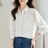 Белая рубашка с лацканами из чистого хлопка с длинными рукавами для женщин для весны и осени, в корейском стиле, свободного кроя, приталенная, однотонная рубашка для женщин