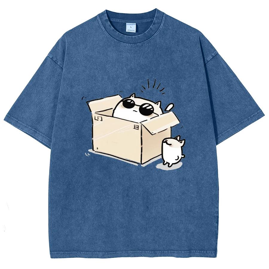 Модная футболка в мультяшном стиле с котом в коробке, с коротким рукавом, мужская и женская, винтажная, в стиле хип-хоп, повседневная, ретро