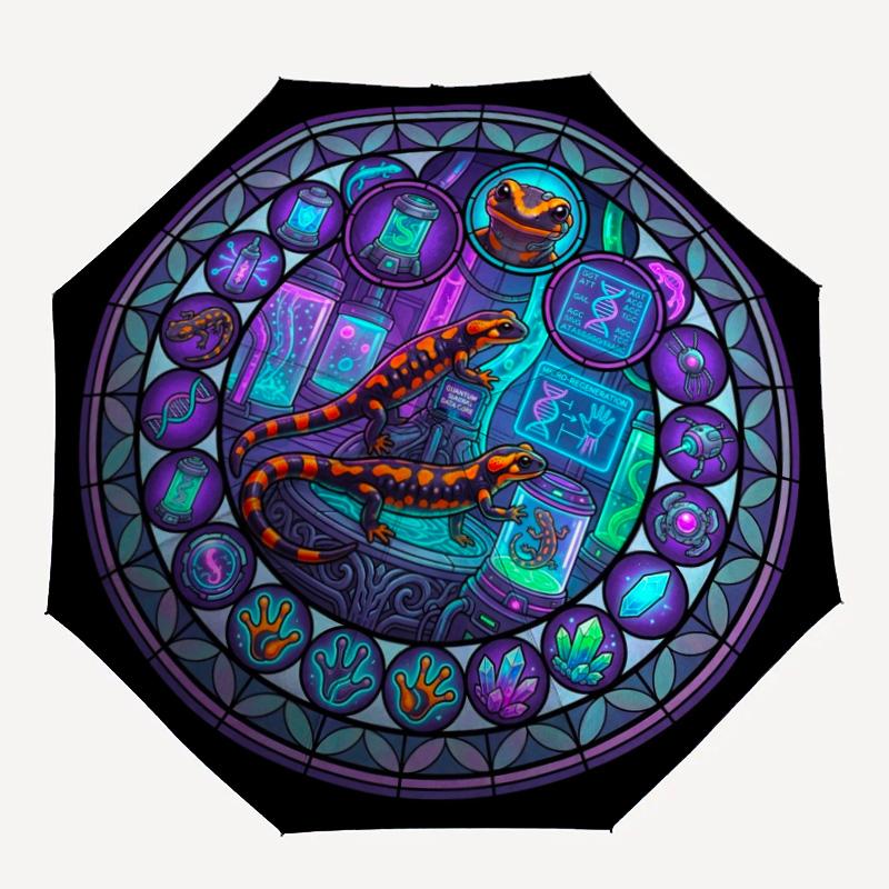 Quantum Salamander Evolution pattern umbrella, portable and foldable design, 8 ribs, a casual accessory for Halloween, Christmas, and birthday gifts.