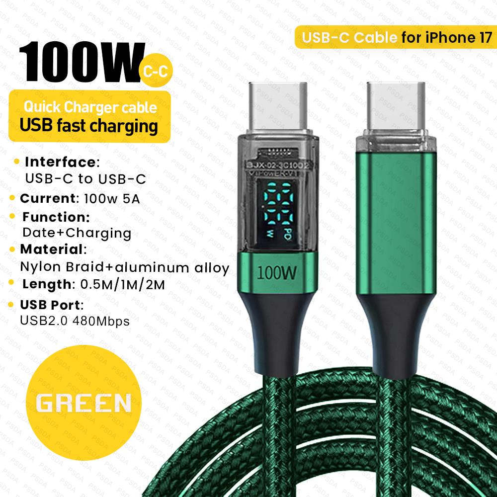 Кабель USB Type C на C PD 100 Вт для мобильного телефона, ноутбука, кабель для передачи данных и зарядки 6A Быстрая зарядка Светодиодный дисплей Шнур USBC 0,5 м/1 м/2 м