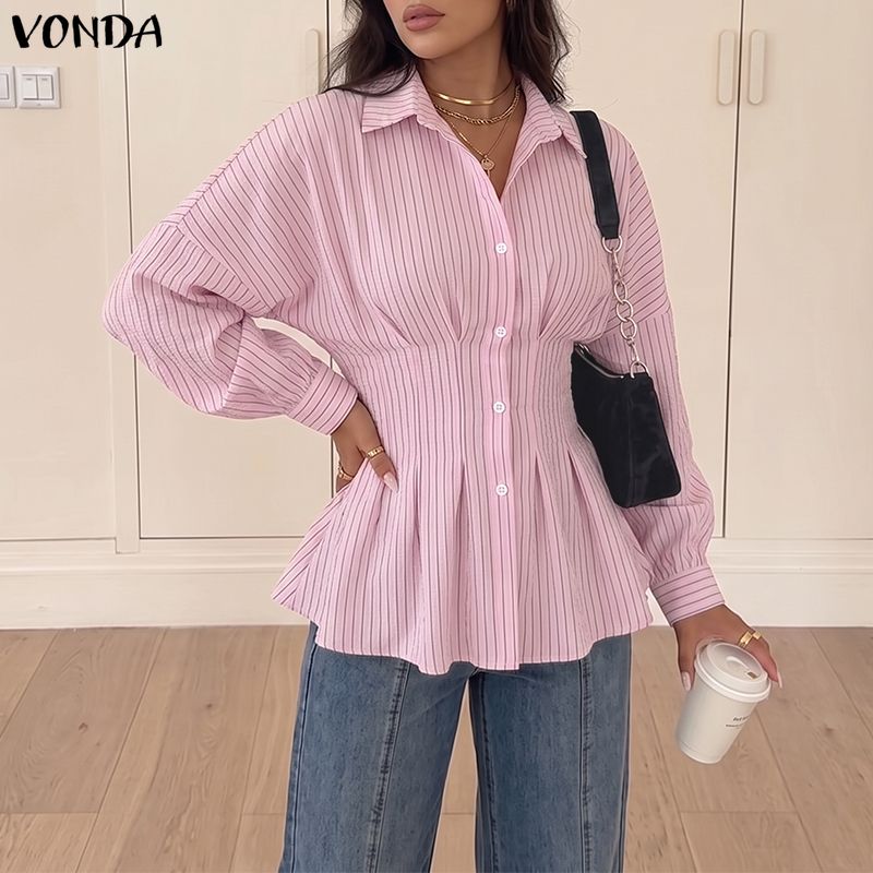 VONDA Женские повседневные блузки-рубашки с отложным воротником, длинным рукавом, полосатым принтом и приталенным силуэтом
