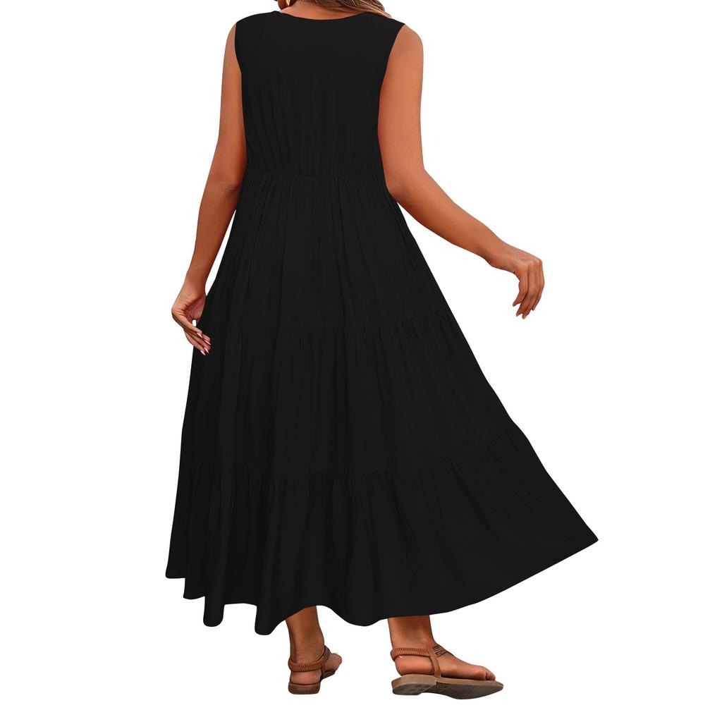 Женское летнее повседневное свободное платье-сарафан без рукавов в стиле бохо с струящейся оборкой и многоярусным макси-платьем