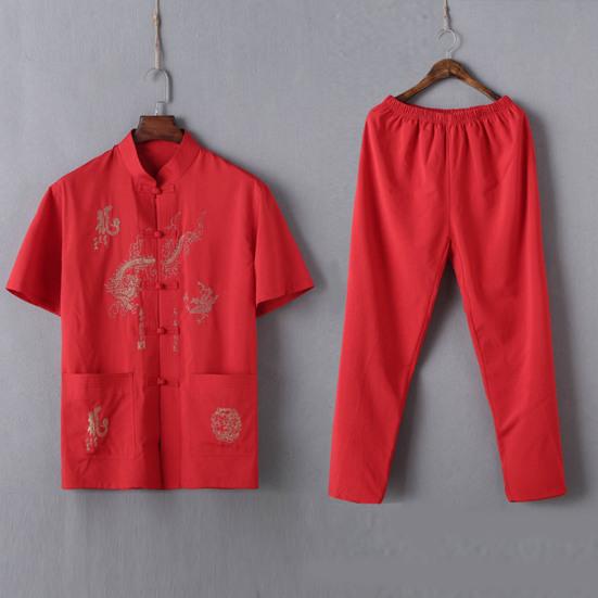 2 шт./компл., повседневный костюм среднего возраста, китайский стиль, узор дракона, воротник-стойка, короткий рукав, однобортный топ, комплект с длинными брюками с эластичной резинкой на талии