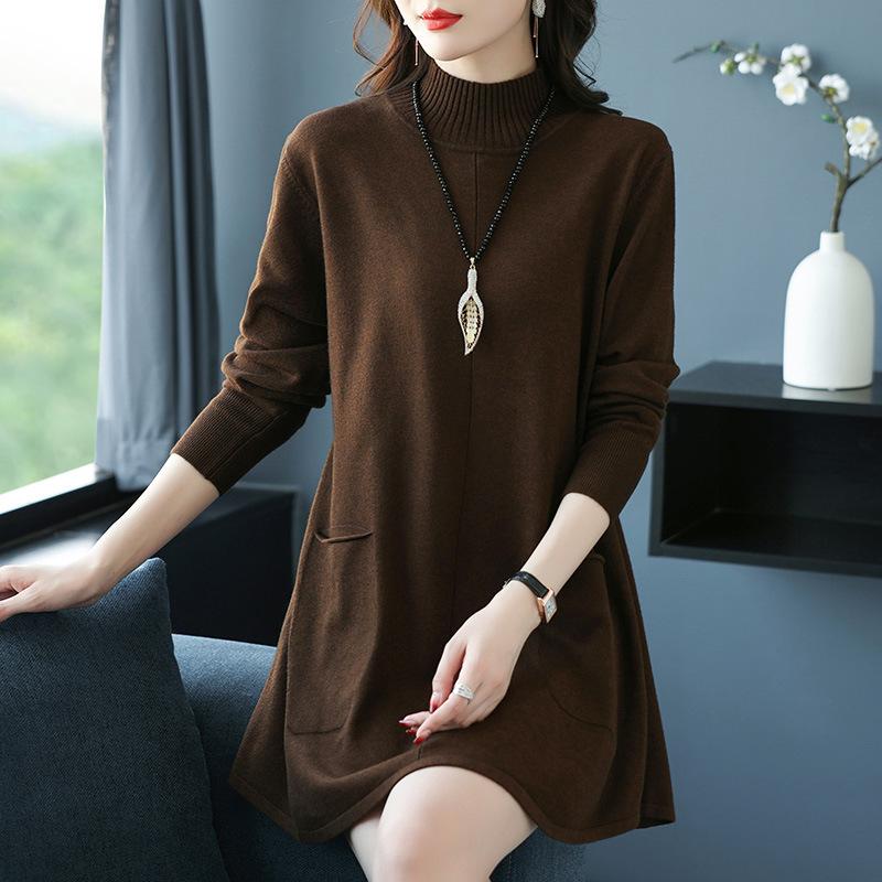 Свитер с полувысоким воротом большого размера, свободный и повседневный пуловер средней длины для женщин, однотонное вязаное платье А-силуэта