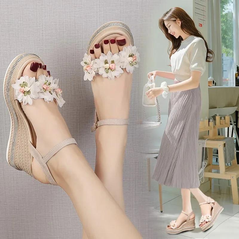 New Female Ankle Strap Buckle Rhinestone Crystal Sandals  Summer Women Round Toe High Heels Fashion Ladies Wedges Shoes Gold