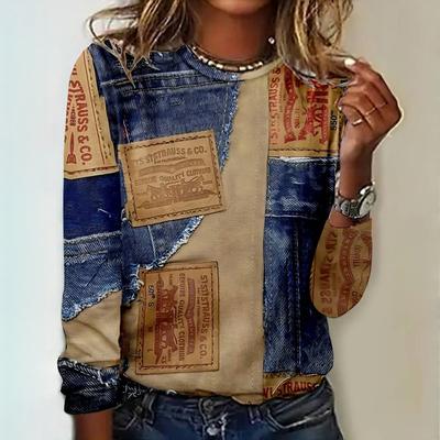 Футболки с длинными рукавами и принтом Fake Cowboys Splicing Print 2024 года, модные женские футболки, топы, осенний тренд, хлопковая женская одежда, пуловер