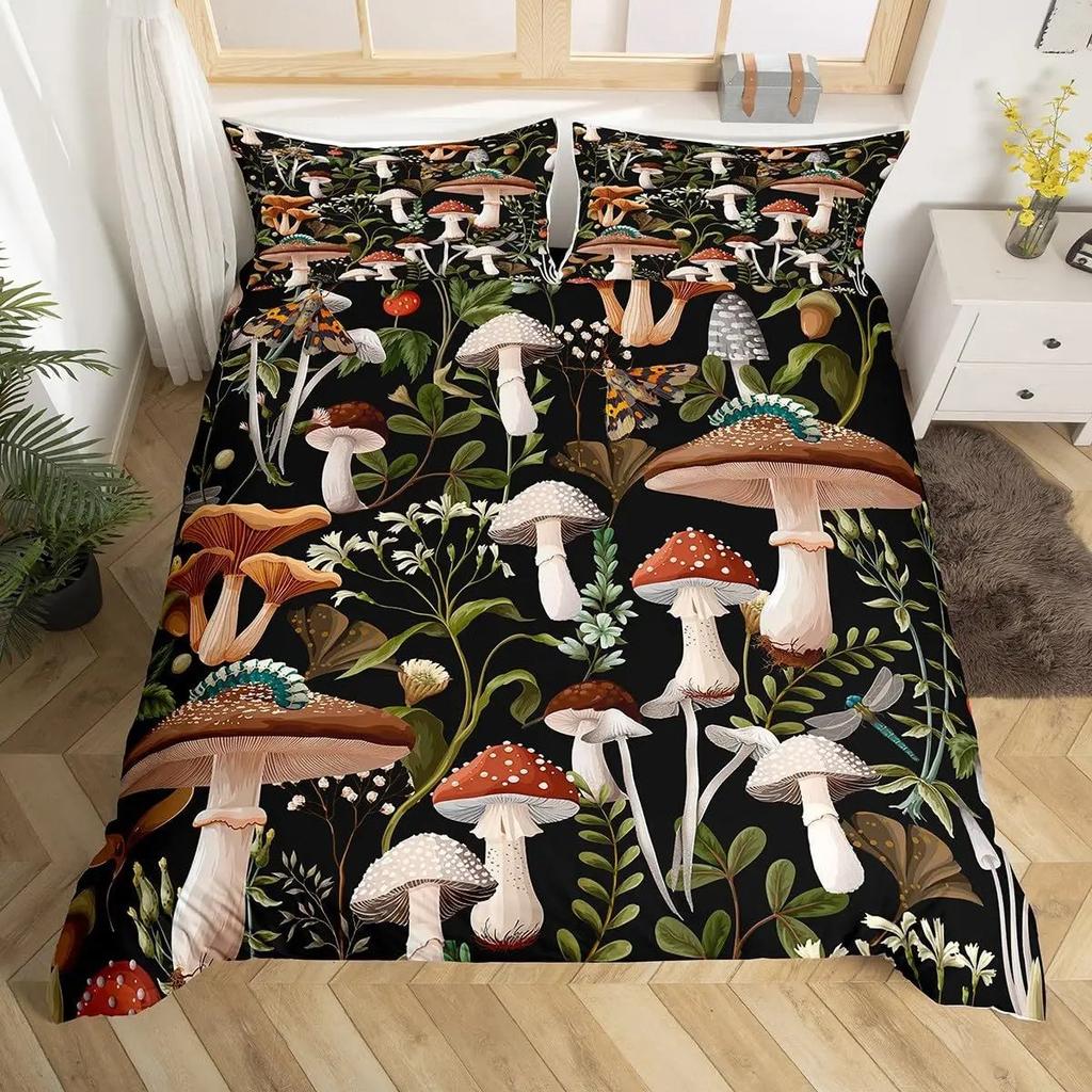 Mushroom Forest Animal Duvet Cover Set, Vintage Botanical Wildlife Bedding, 3D Printed Soft Microfiber Quilt Cover Pillowcase