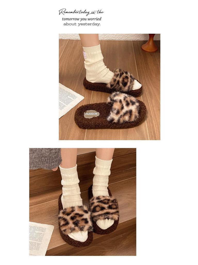 Женские осенне-зимние нескользящие плюшевые домашние тапочки с принтом кошки и леопарда – Милый хлопковый дизайн для родителей и детей
