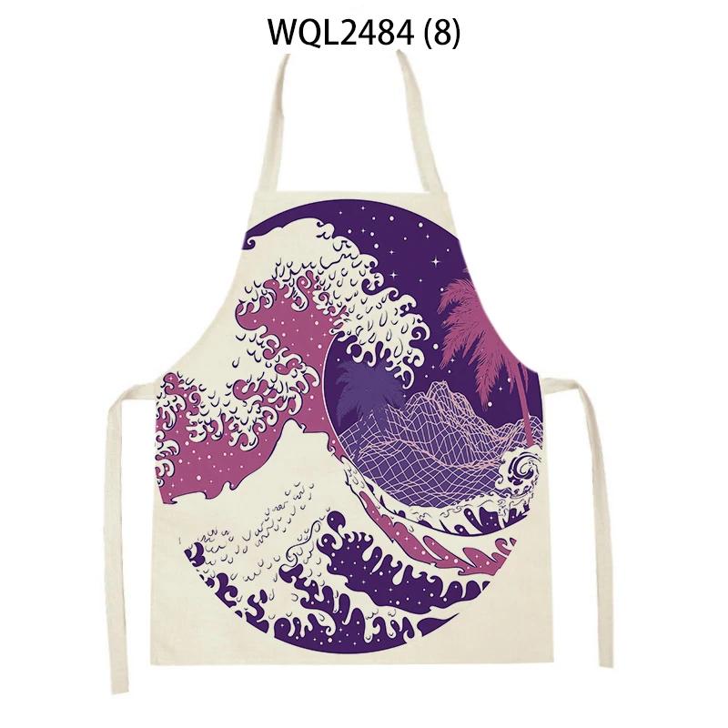Japanese Style Kitchen Waves Sunrise Print Aprons for Women Linen Pinafore Bibs Household Cleaning Home Cooking Apron