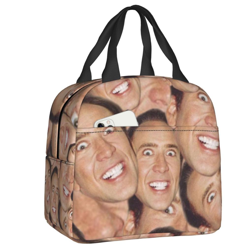 Custom Saint Nicolas Cage Insulated Lunch Bag for Camping Travel Funny Meme Waterproof Thermal Cooler Bento Box Women Children
