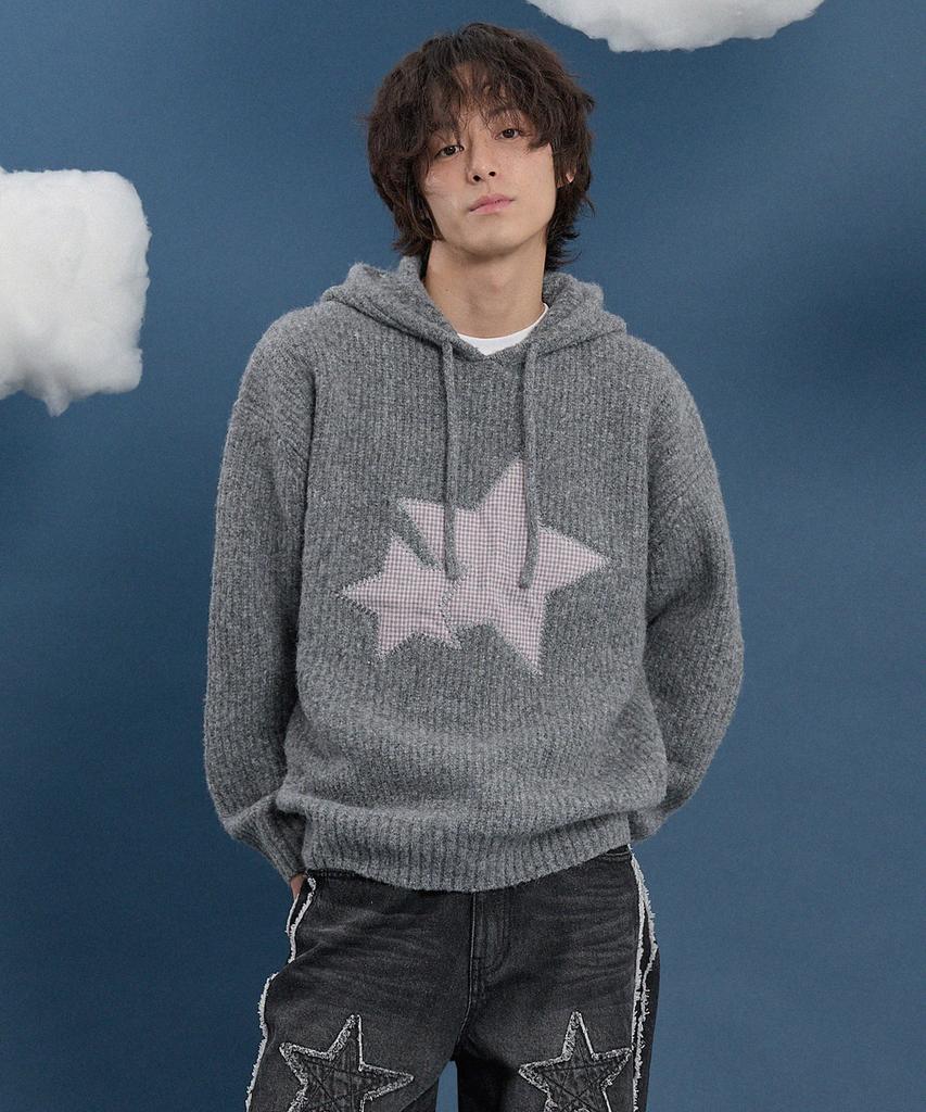 WAIKEI Big Star Check Applique Hoodie Knit Gray