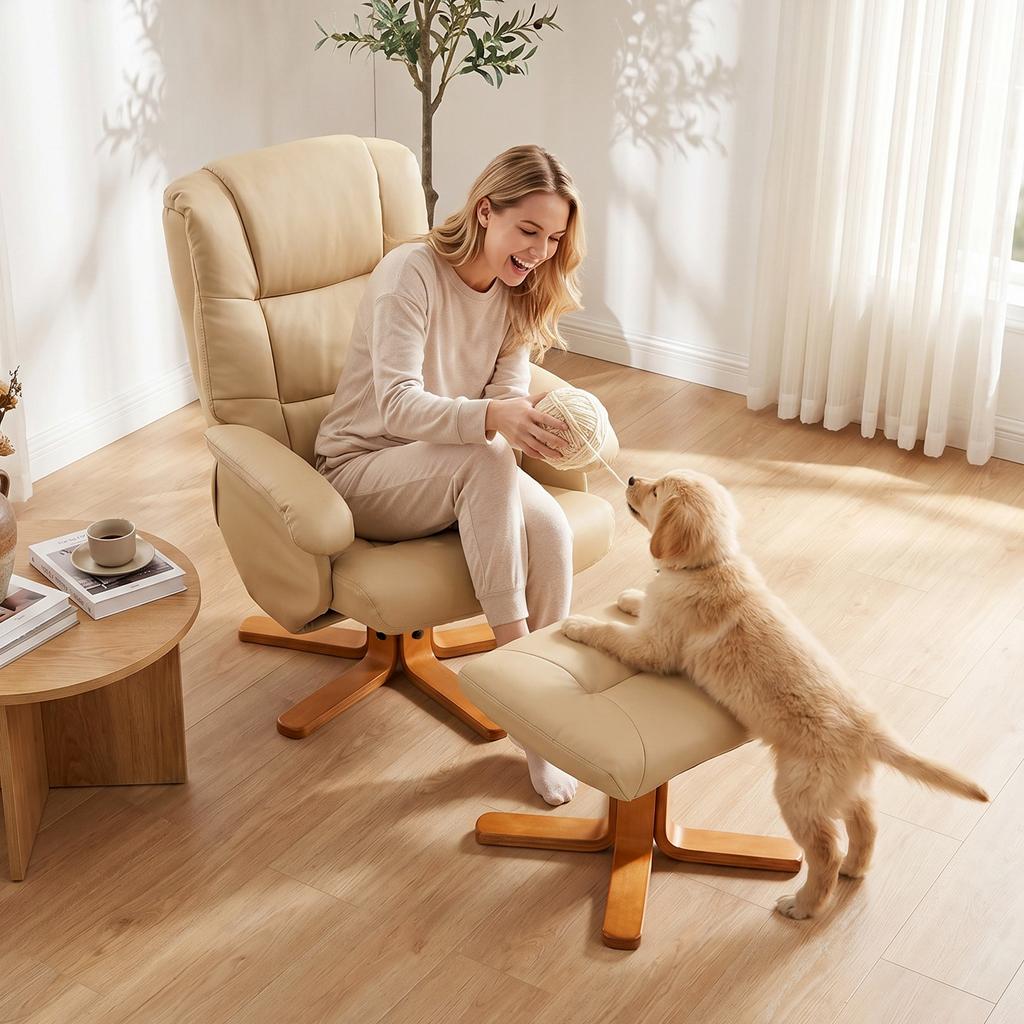 Relaxing Armchair with Footrest, 360 Swivel Recliner, Reclining Backrest, 120 kg Capacity, Beige