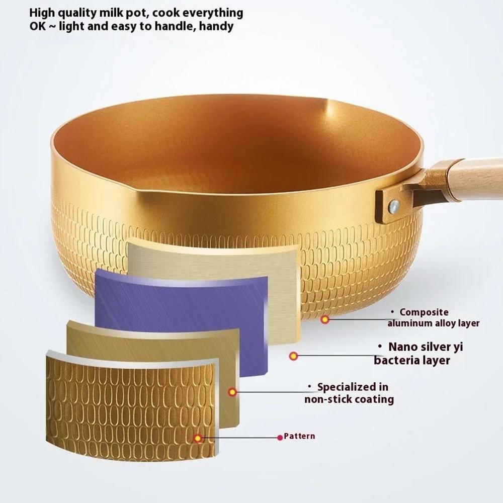 18/20/24cm Gold Soup pot Japanese Snow Saucepan Non-stick Frying Pan wok wood handle Home Milk Sauce Cooking Kitchen Cookware