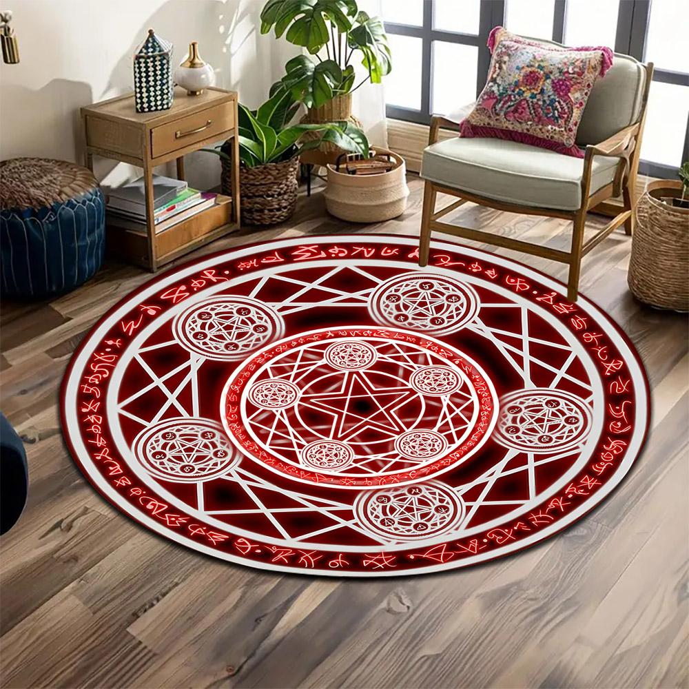 Magic Circle with Red Glow and Symbols Print round rug, living room, bedroom, playroom carpet, non slip floor mat, gift