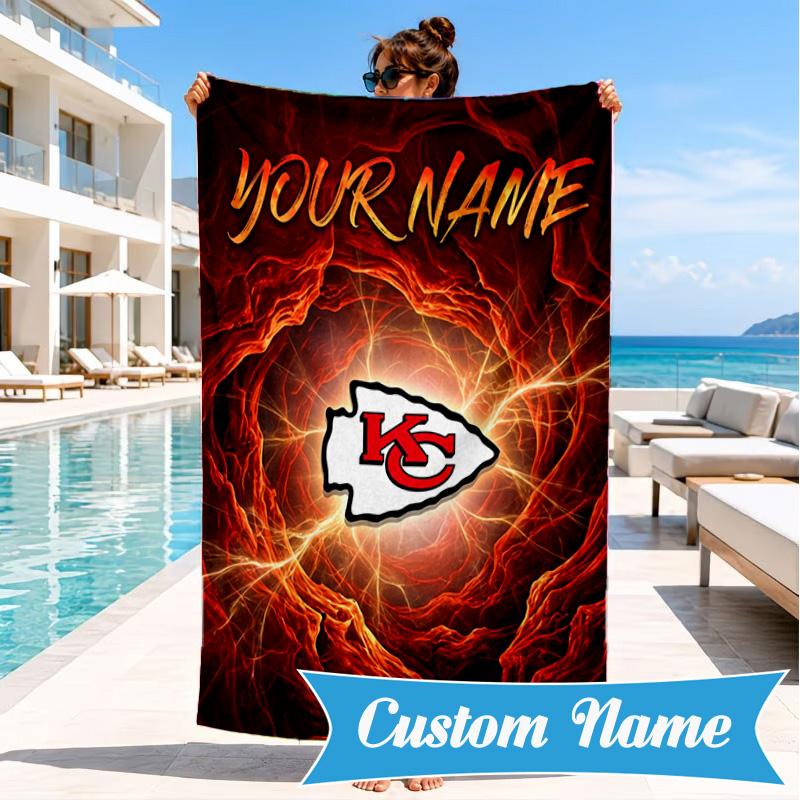 Custom Name Kansas Chiefs Logo Personalized Microfiber Beach Towel, Quick-Dry, Ideal for Summer Travel, Beach Essential, Swimming