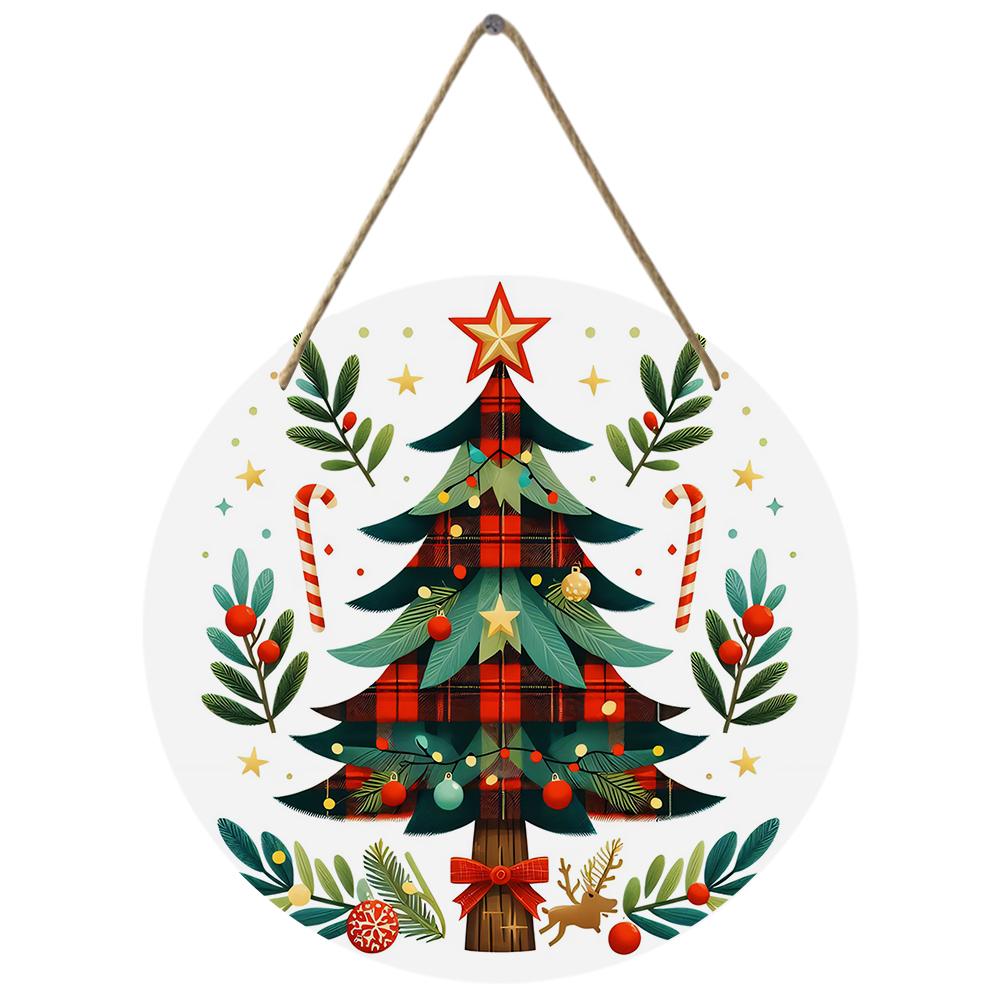 Farmhouse plaid Christmas tree pattern round wooden hanging plaque natural wood craft wall sign front door ornament festive home decoration