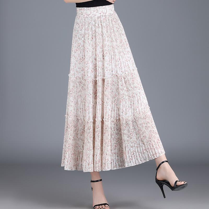 Белая шифоновая юбка женская летняя плиссированная юбка с цветочным принтом и высокой талией, женская драпированная тонкая пышная длинная юбка