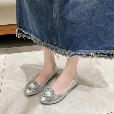 Модная обувь со сверкающими стразами Женская серебристая обувь на плоской подошве с квадратным носком Слипоны Женские балетки Офисные туфли-лоферы Женские