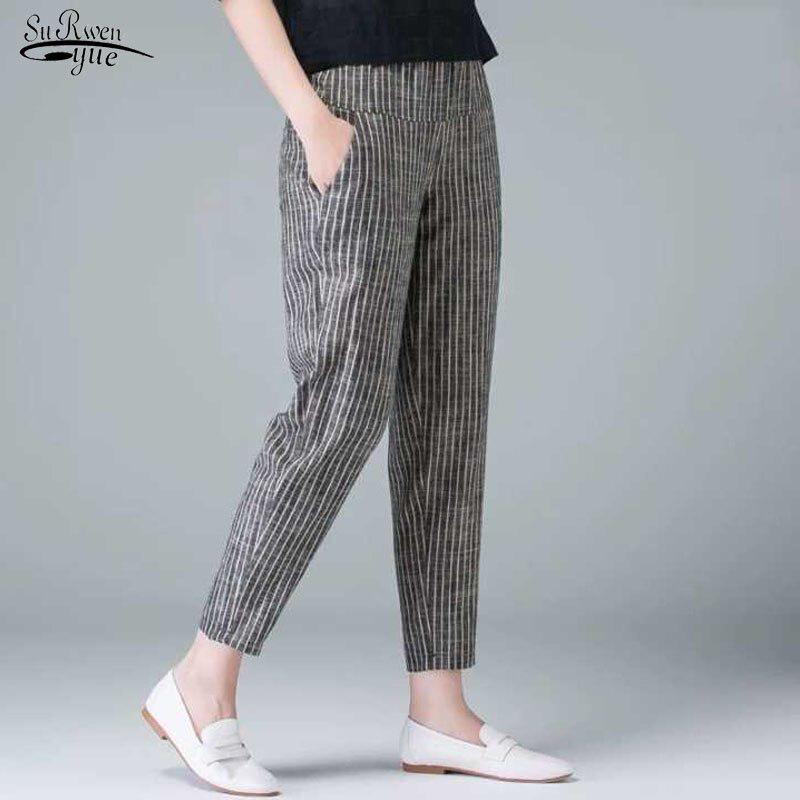 Casual Loose Women Pants Striped Cotton Linen Women Trousers Plus Size Korea Fashion High Waist Pencil Pants 10299