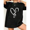 Oversized T Shirt Black Heart And Musical Note Print Casual Streetwear For Women