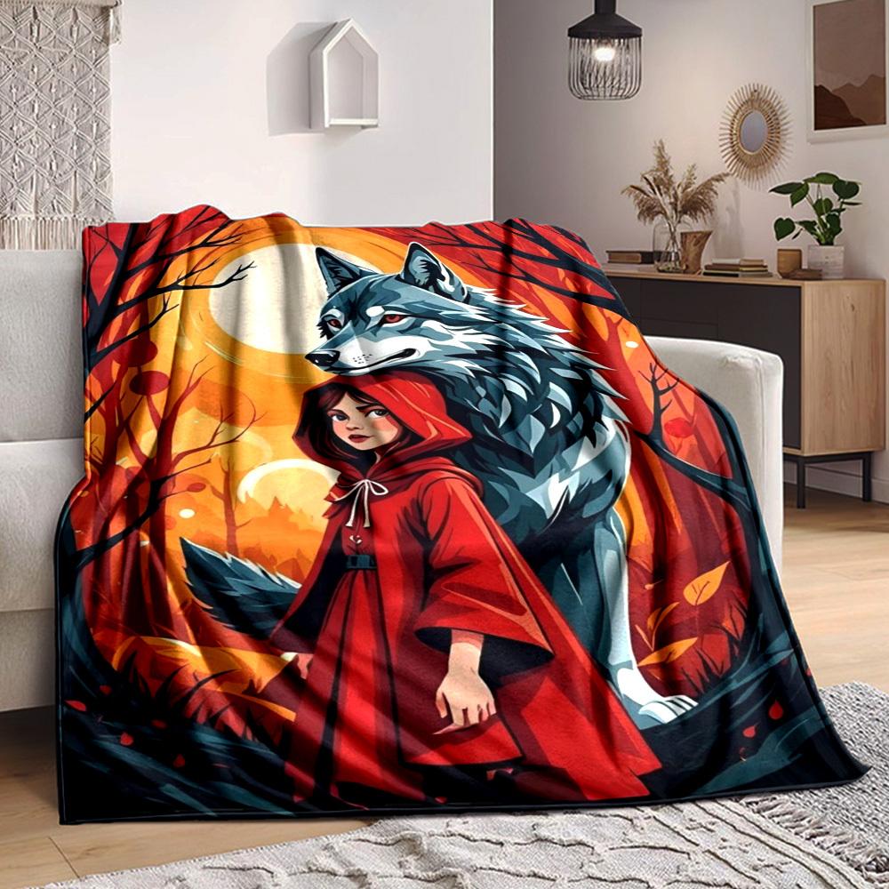 1pc Wolf and Red Hood Blanket - Lightweight Flannel Fleece with Digital Printing, Soft Warm for Sofa, Travel, Camping, Office yy251018294