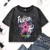 Graffiti Fashion Star Pentagram Prints Washed T Shirts Woman Street Fashion T-Shirt Cotton Clothing