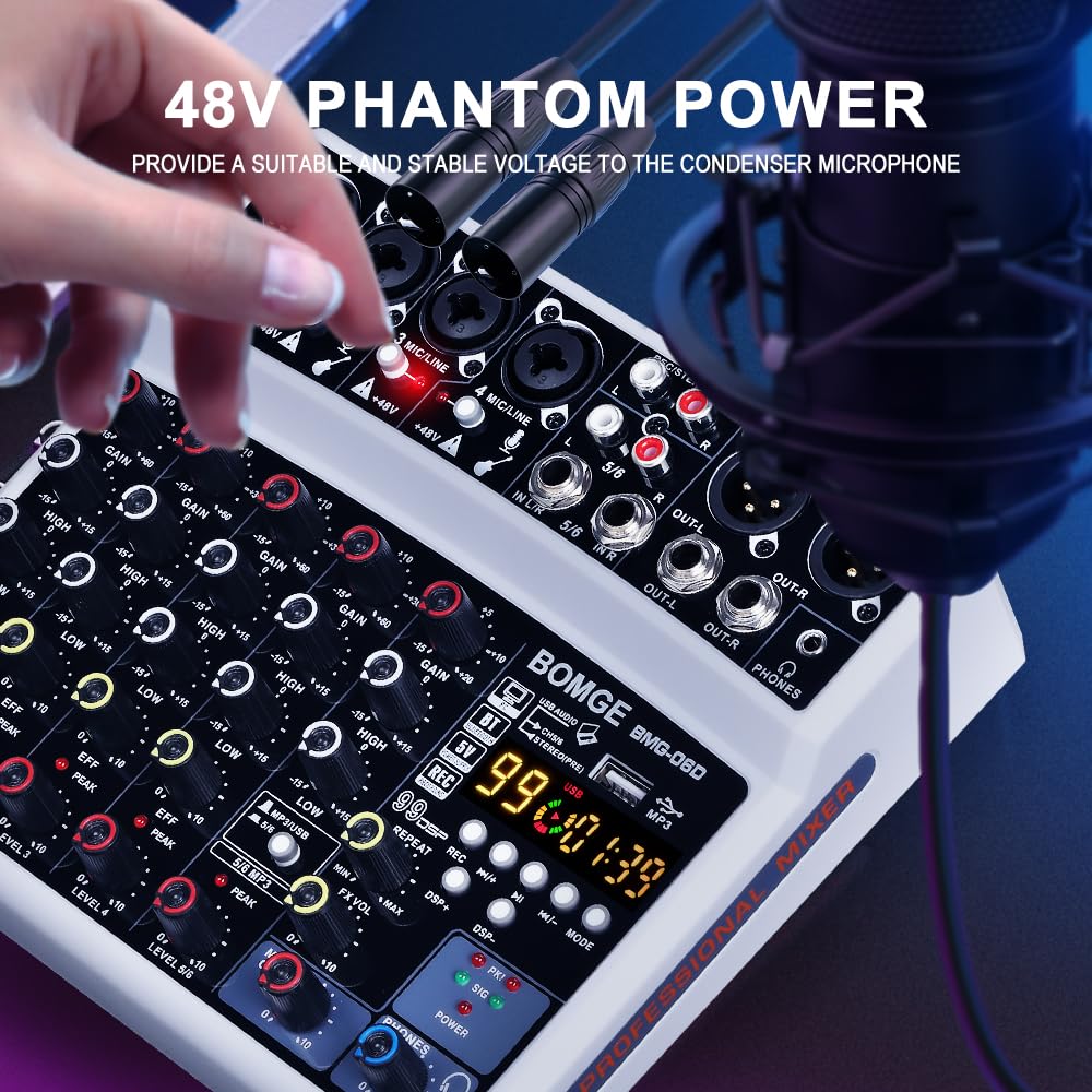 BOMGE 6-Channel DJ Audio Mixer MP3 USB Bluetooth 48V Phantom 99 DSP Effects Live