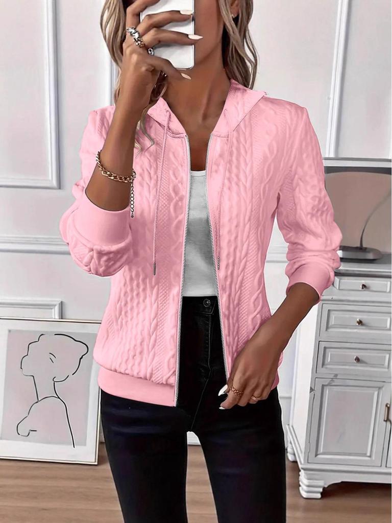 2025 Women's Solid Color Long Sleeve Knitted Hooded Zip-Up Jacket