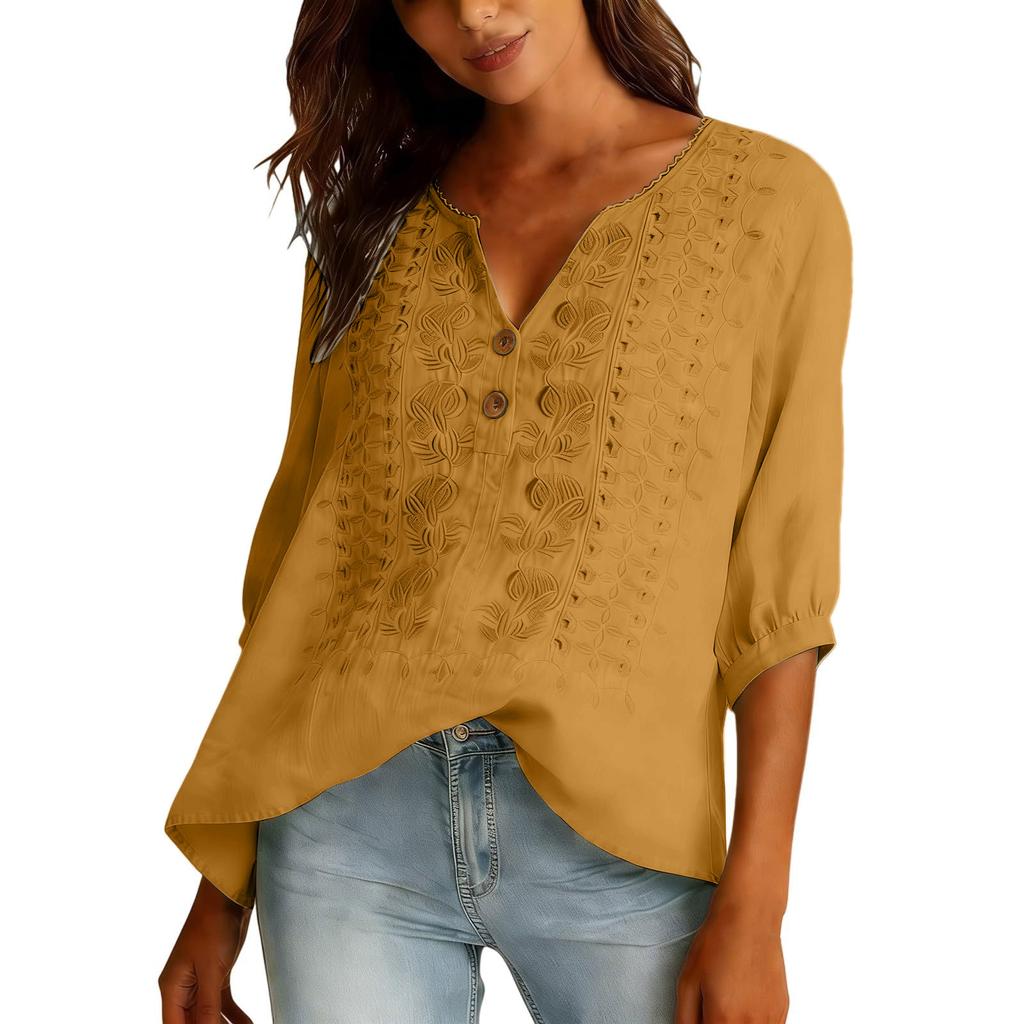 Women's Casual O-Neck Button Down Shirt Color 3/4 Sleeve Hem Split Cotton Blouse