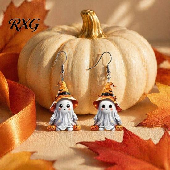 Pumpkin And Bat Earrings 1 Pair Halloween Cute Ghost Earrings, Acrylic Dangle with Witch Secure Fit Hat Bat, Anti-Rust Metal Hooks, Playful