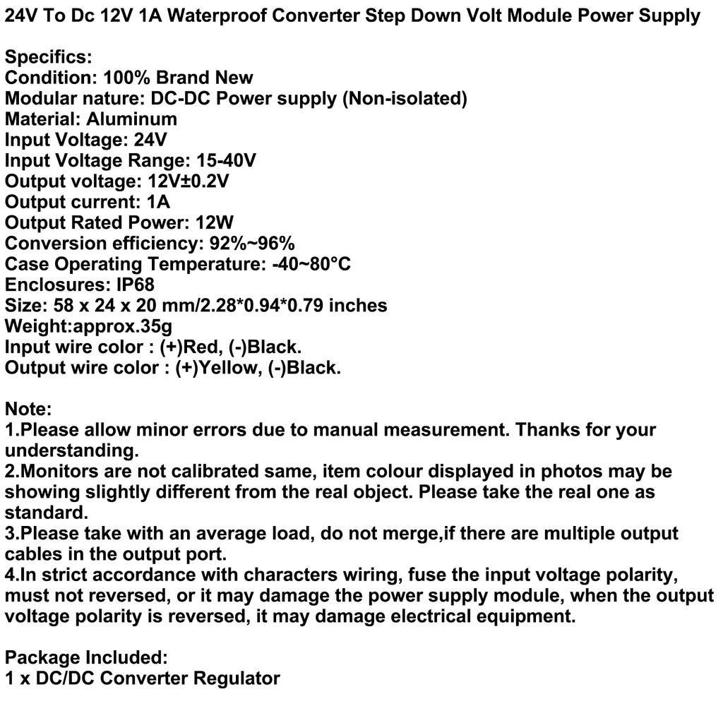 24V To Dc 12V 1A Waterproof Converter Step Down Volt Module Power Supply