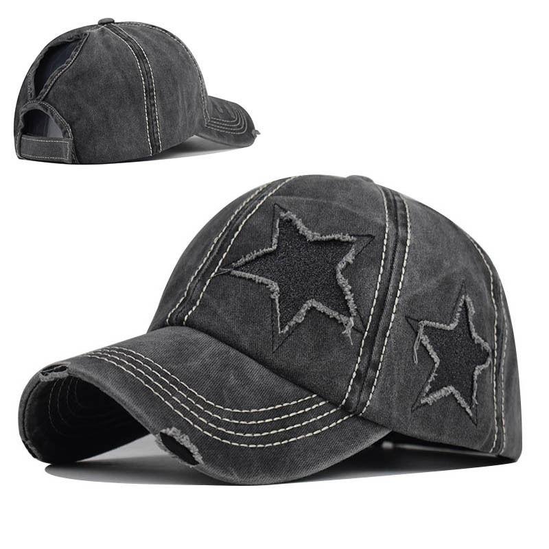 New Fashion Women Ponytail Cap Sequins 5-Point Star Hole Design Baseball Cap Female Washed Cotton Streetwear Hats