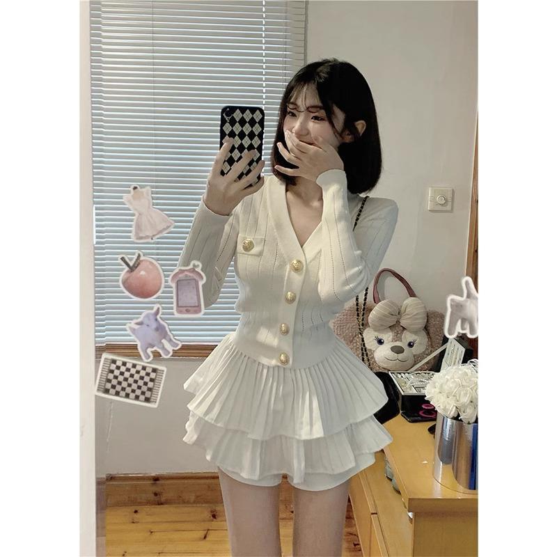 Chic V-neck Knit Cardigan & Midi Skirt Set - Women's Two-piece Outfit