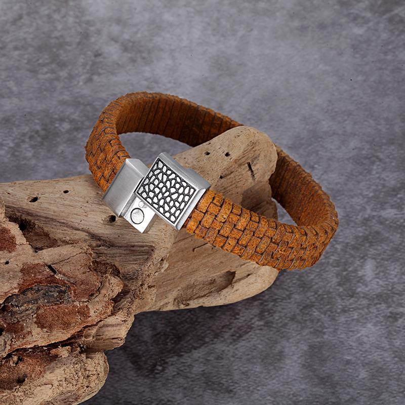REPTILE LEATHER BRACELET Stainless Steel Reptile Design Bracelet with Light Brown Woven Genuine Italian Leather